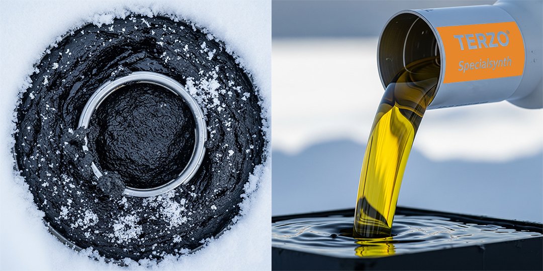 Холодный пуск зимой: Убивает ли морозная погода ваш двигатель? Comparison conventional oil solidified in cold vs. freely flowing TERZO 5W-30 motor oil