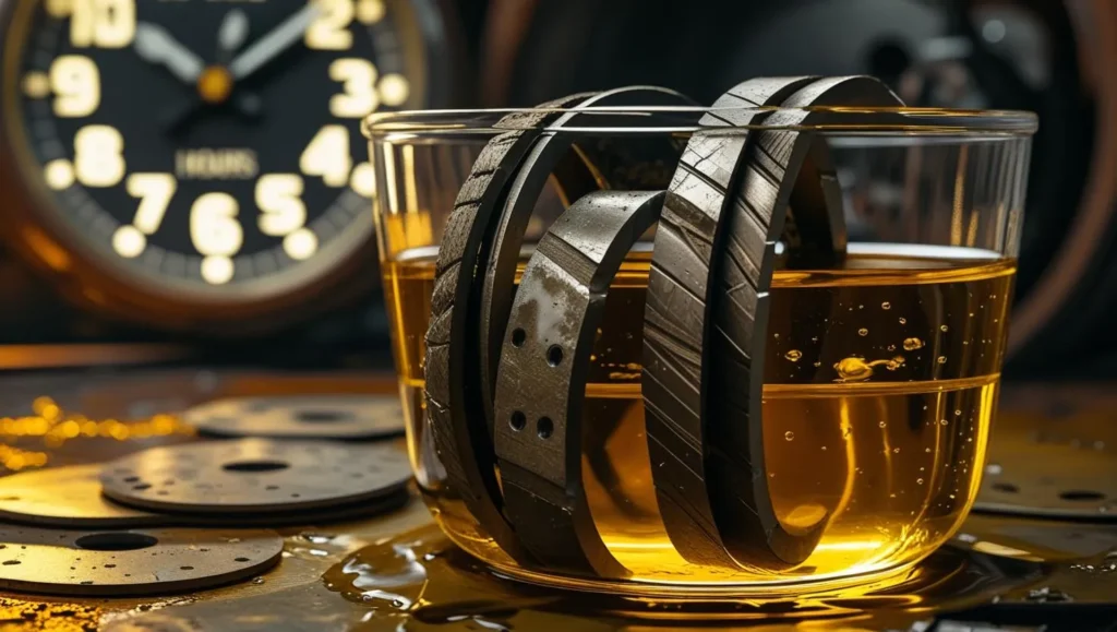A close-up of clutch friction plates submerged in a clear container of golden motorcycle oil A close-up of clutch friction plates submerged in a clear container of golden motorcycle oil