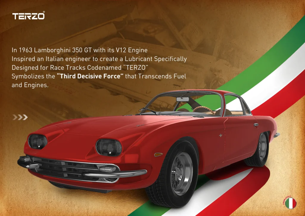 In 1963 Lamborghini 350 GT with its V12 EngineInspired an Italian engineer to create a Lubricant Specifically Designed for Race TracksCodenamed TERZO Symbolizes the “Third Decisive Force” that