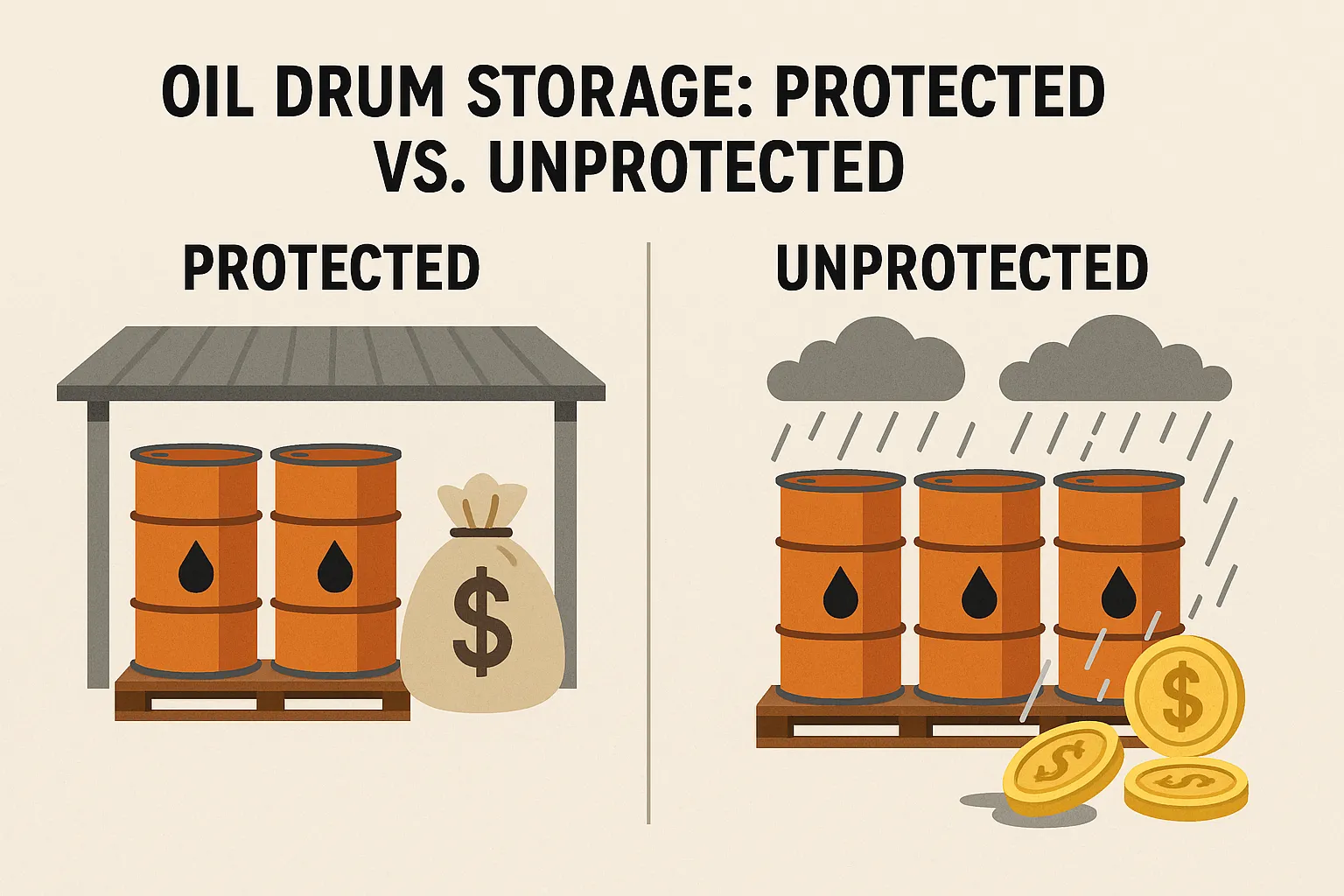 Oil drum storage protected vs. unprotected – illustrating financial risks
